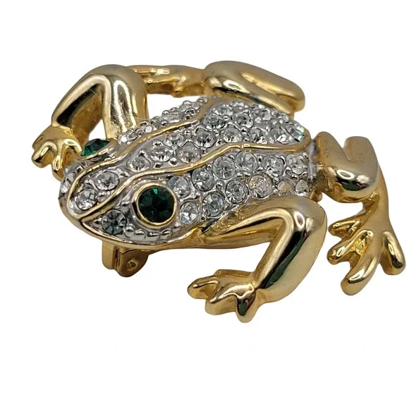 VTG Pave Rhinestone Frog Brooch Pin Emerald Eyes Gold Tone; Unmarked - Picture 2 of 5